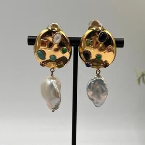 Lizzie Fortunato Semi Precious Gold Plated Baroque Pearl LaBomba Clip Earrings‎